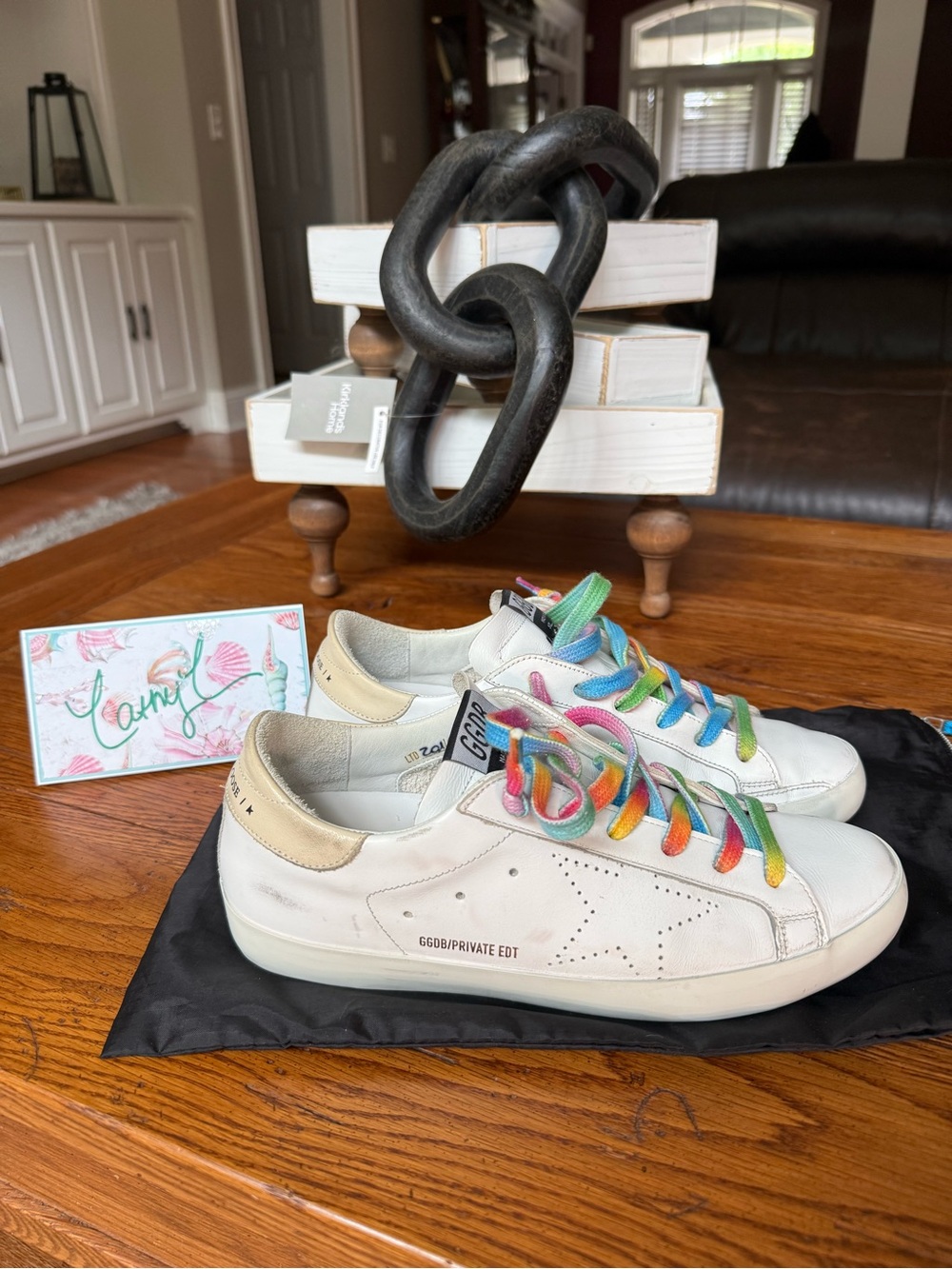Golden Goose White Leather Sneakers with Rainbow Laces and Beige Heel